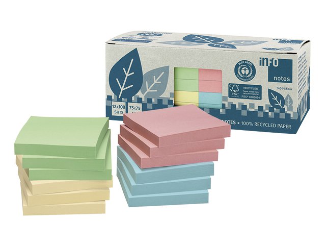 Info notes 75x75mm ass. recycled doos 12 blok geel, groen, rose, blauw