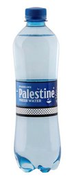 A blue and white water bottle with the label "Palestine Fresh Water".