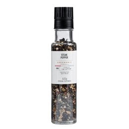 Steak pepper mill with a blend of black, white, and pink peppercorns. Sleek glass design with adjustable grinder. Ideal for seasoning meats, vegetables, and more.