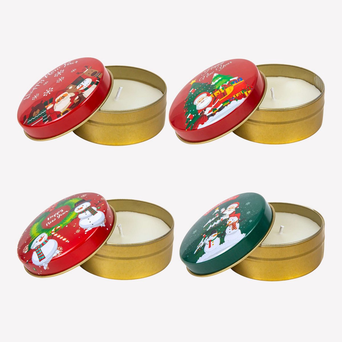 Candela da fragranza in una lattina di metallo - 4er set - Babbo Natale e pupazzo di neve