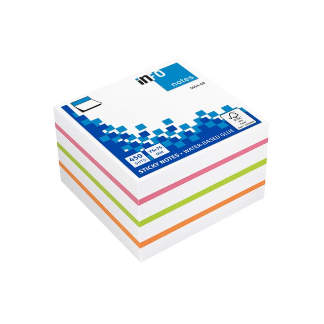 Info notes 75x75mm assorti blok a 450 vel wit, roze, groen, oranje