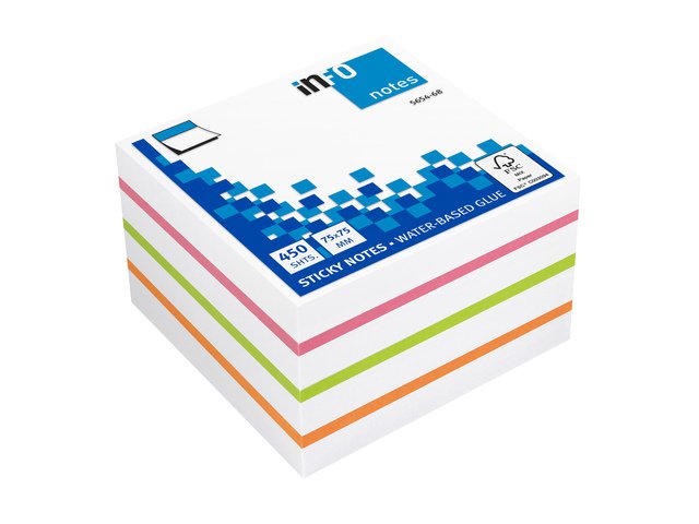Info notes 75x75mm assorti blok a 450 vel wit, roze, groen, oranje