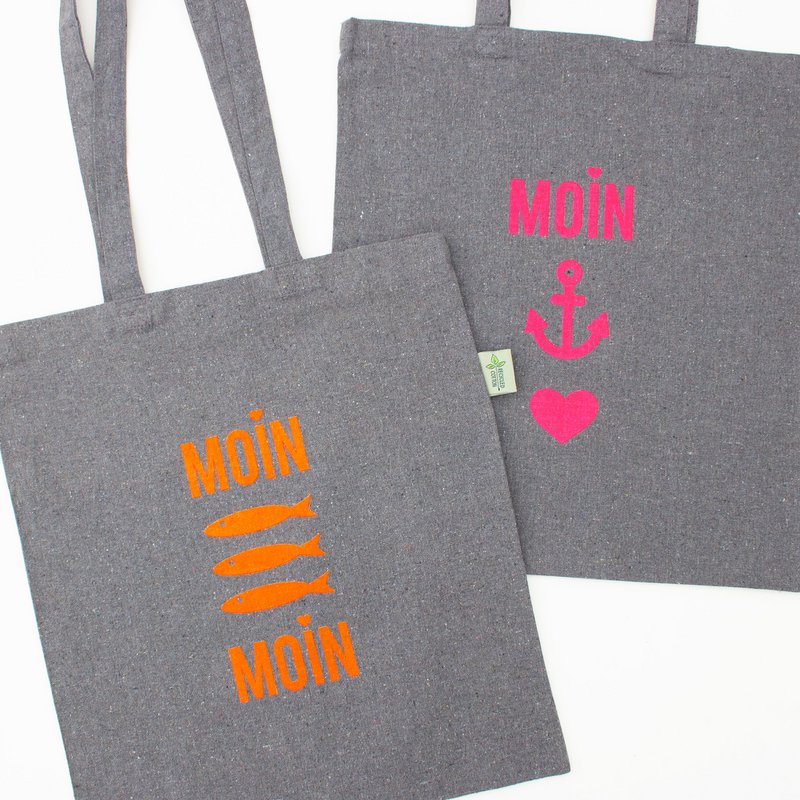 Baumwollbeutel "Moin Moin Fische" (Neon-Orange) aus recycelter Baumwolle