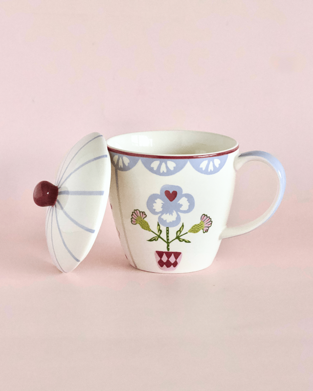 Handpainted Ceramic Coffee Mug With Lid - Floral Pattern, 385ml