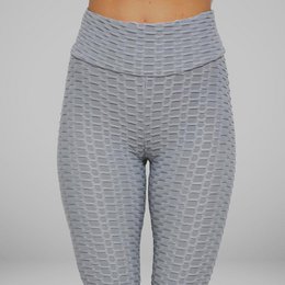 Grey high-waisted athletic leggings with a textured pattern.