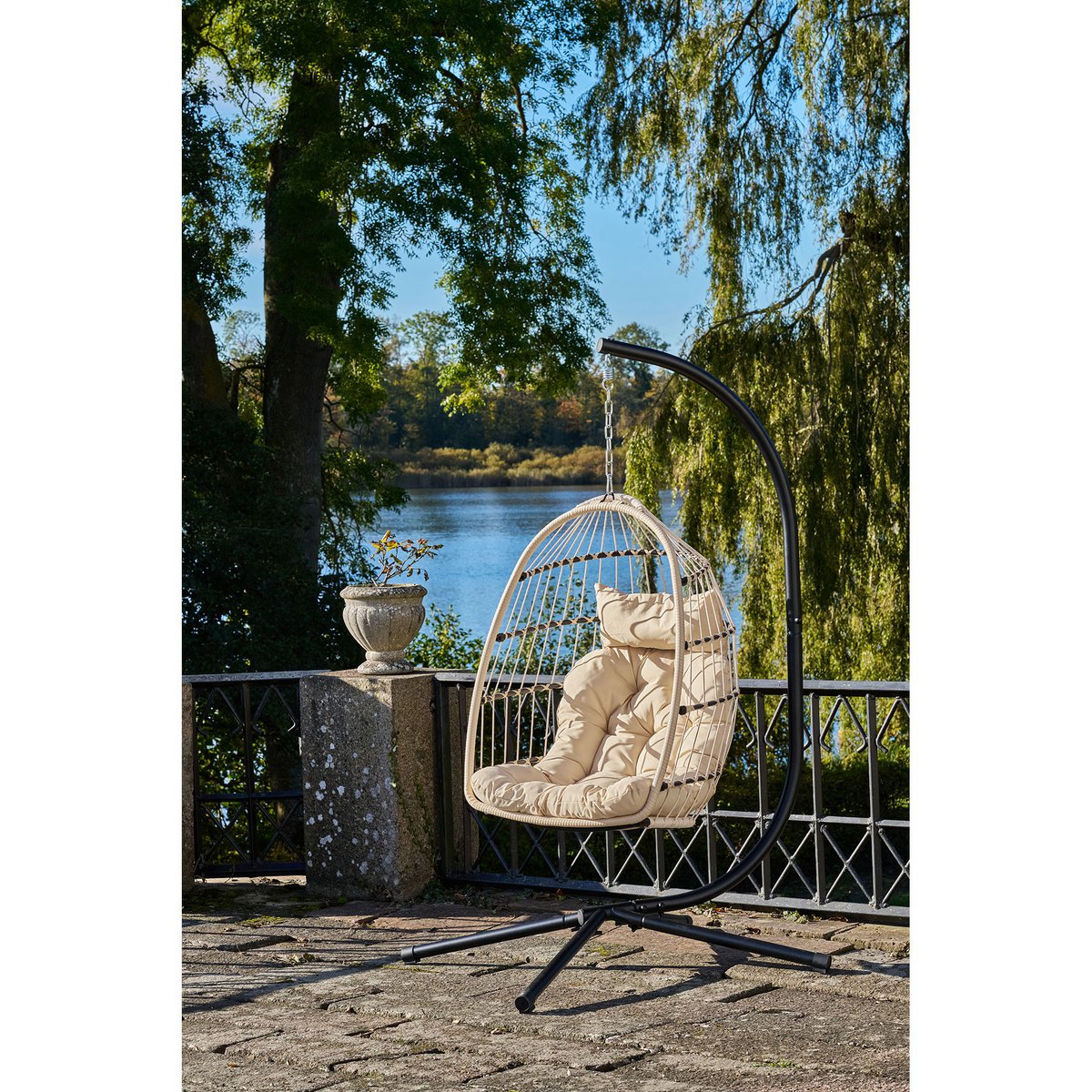 Patras Hanging chair, steel stand, foldable seat, incl. cushions, beige/grey/black