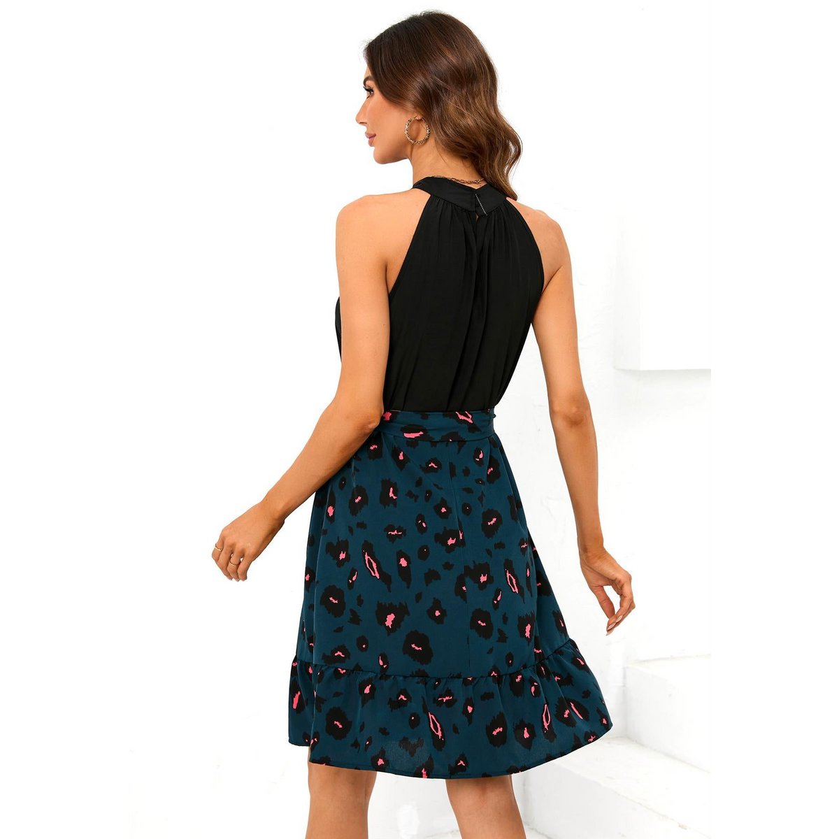 Black Halterneck Top 2 en 1 mini robe en imprimé léopard bleu