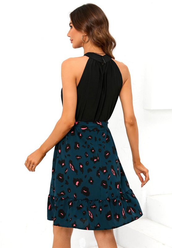 Black Halterneck Top 2 i 1 mini kjole i blå leopardprint
