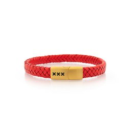  Red braided leather bracelet with metal clasp.