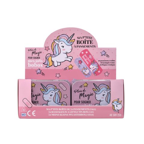 Einhorn, Metallbox mit Verbänden, vorgeschnitten, Kinder, Junior, Box mit 24 Verbänden, 10,9 x 8 x H.2 cm, TAKE CARE
