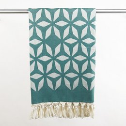 Organic cotton hammam towel in ocean green color with a geometric floral pattern.