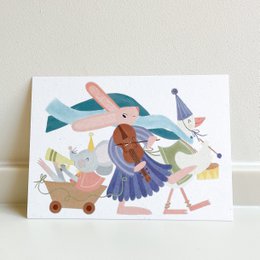 Colorful birthday card with animal characters, including a rabbit, bird, and other whimsical elements. Suitable for a fun, festive birthday celebration.