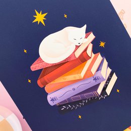 Sleeping Cat on Book Pile Print - A5 Print for Booklovers