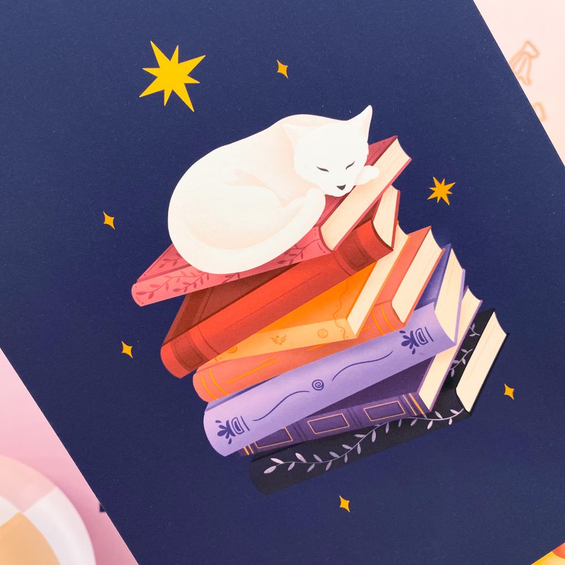 Sleeping Cat on Book Pile Print - A5 Print for Booklovers