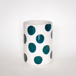  "Cylindrical ceramic vase white background teal green polka dots pattern modern minimalist design"