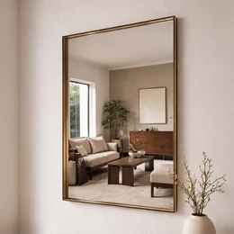  Large rectangular wall mirror with transparent plexiglass frame in a modern, minimalist design.