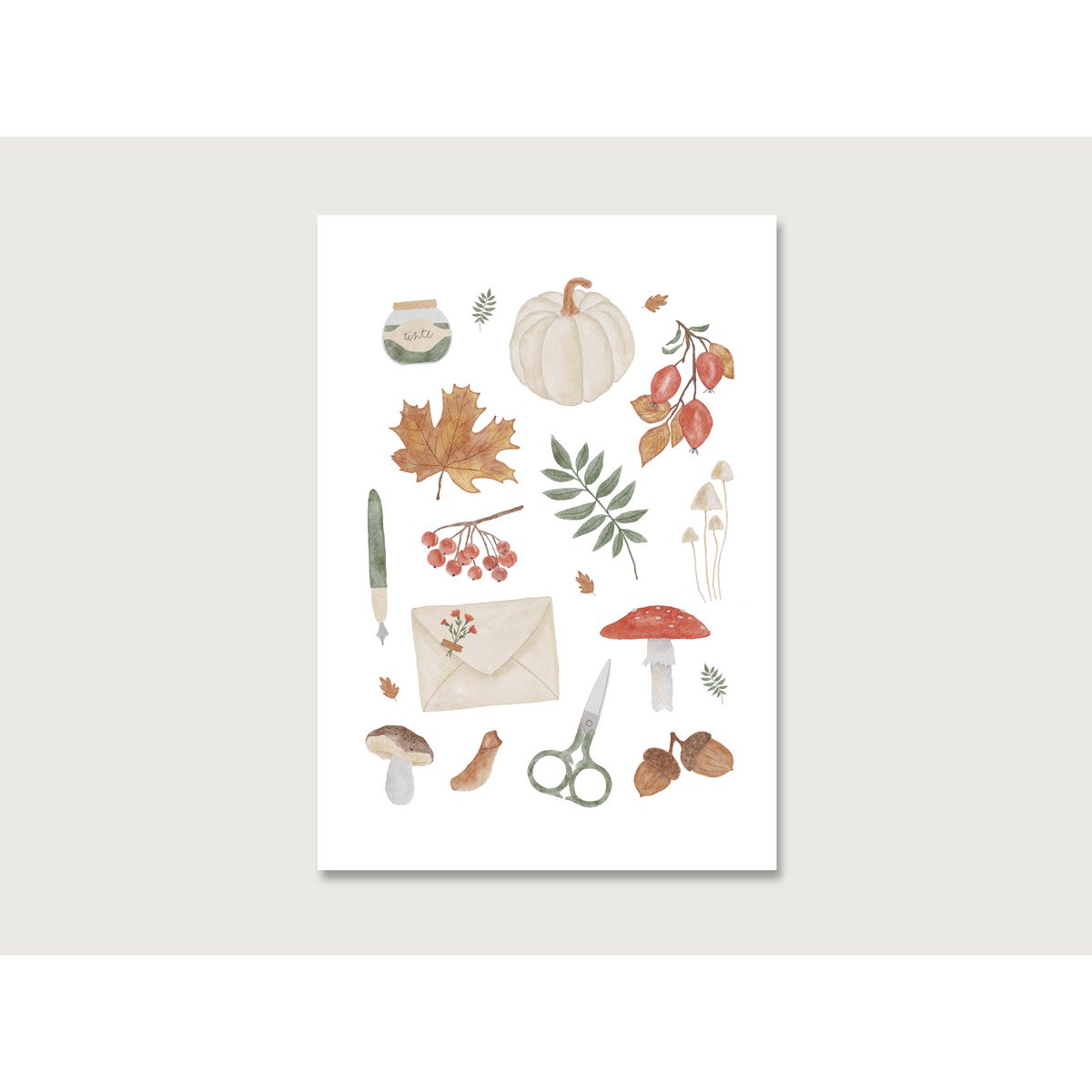 Ansichtkaart | "Autumn Whisper Collage" P_62 | Waterverf | Waterkleur | Illustratie | Natuur | Pompoen | Bladeren | Gezellig || Hart en papier