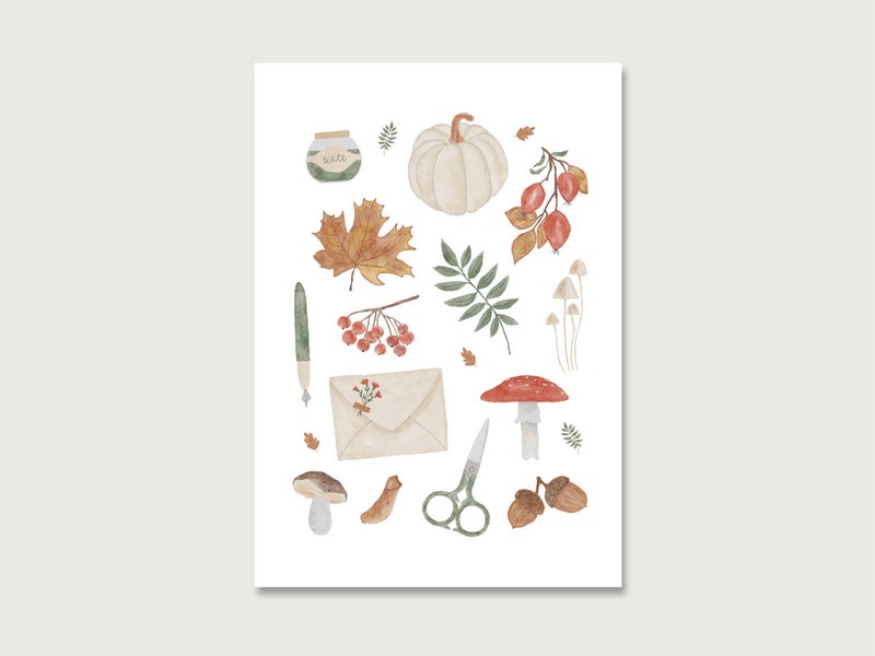 Postkort | "Autumn Whisper Collage" P_62 | Akvarel | Vandfarve | Illustration | Natur | Græskar | Blade | Hyggelig || Hjerte & papir