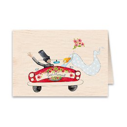 Tarjeta de felicitación plegada de madera feliz recién casados boda