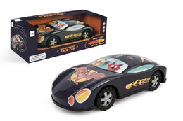 Black toy car with superhero graphics, suitable for children's play.