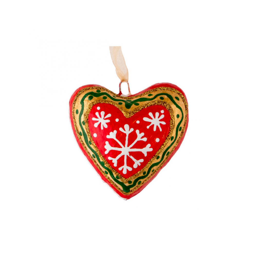 Coeur de Noël en papier mâché fait à la main avec des flocons de neige