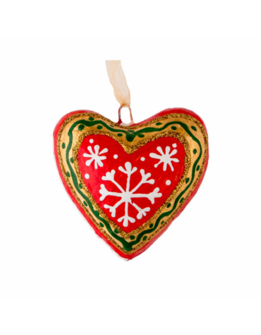 Handmade papier-mache Christmas heart with snowflakes