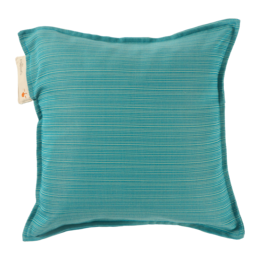  Teal blue striped outdoor cushion, made of durable weather-resistant material, suitable for use on patio furniture.