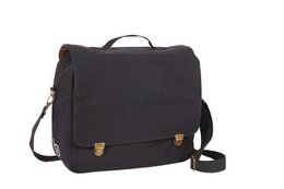 Black messenger bag with tan trim, featuring a flap closure and metal hardware.