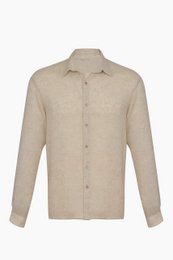  Beige linen and tencel blend casual shirt for men. Features a classic collar, button-down closure, and long sleeves.