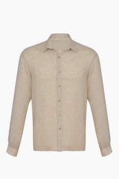 Beige linen and tencel blend casual shirt for men. Features a classic collar, button-down closure, and long sleeves.