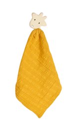 Soft, plush giraffe-themed cuddle cloth in a vibrant yellow color with a textured diamond pattern. Suitable for comforting and soothing young children.