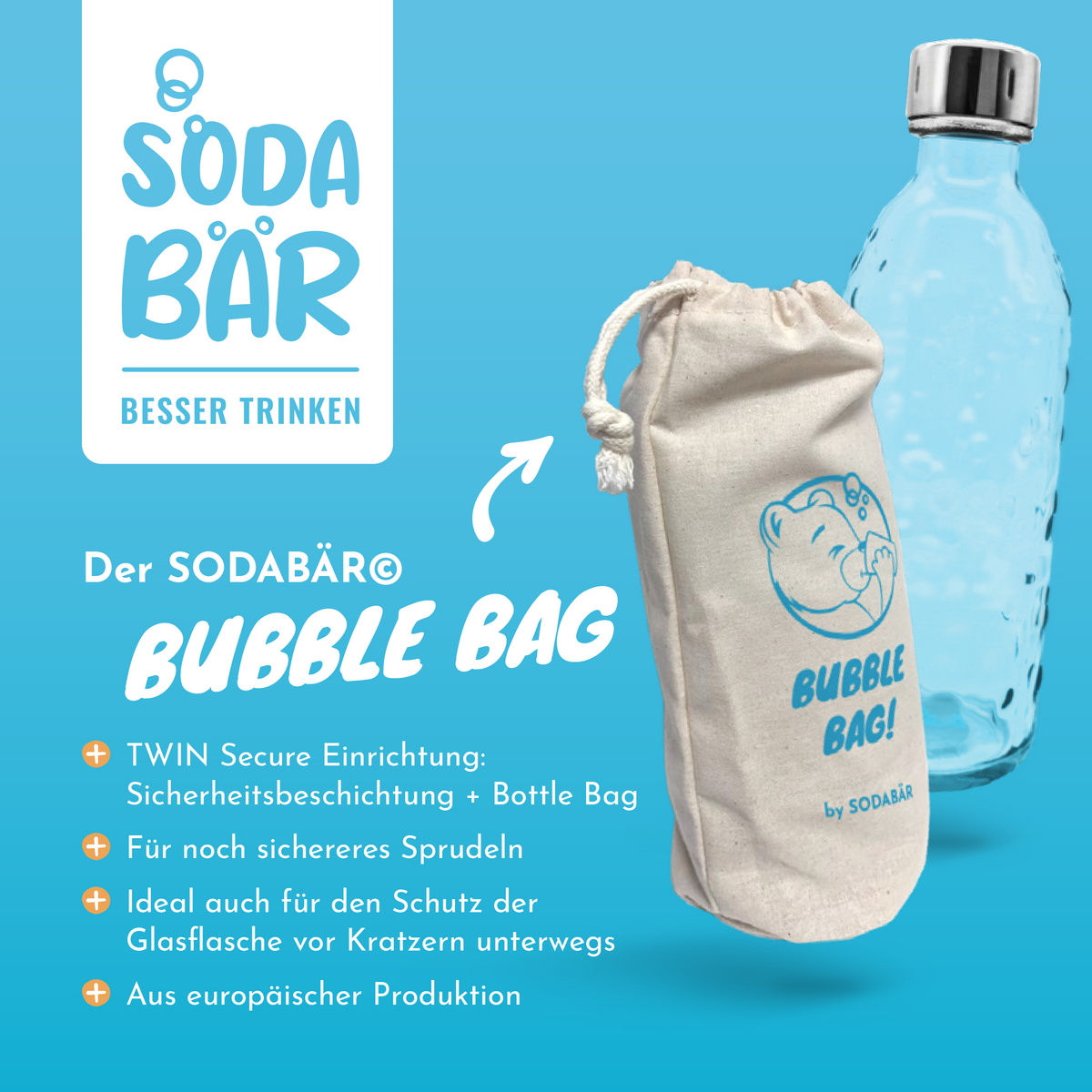 Glasflasche für Wassersprudler (SodaStream*, Aarke*, etc.) 0,7 l mit TWIN SECURE, transparent
