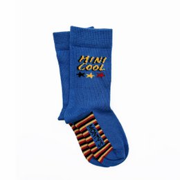  Blue children's socks with 'Mini Cool' graphic design and colorful striped pattern.