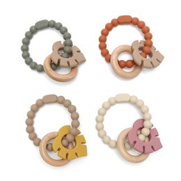 Soft & Hard | Leaf RATTLE Wood & Silicone Teether | Rust & Khaki