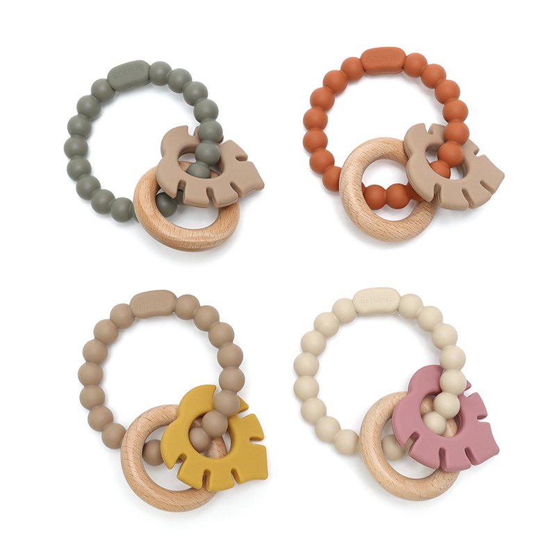 Soft & Hard | Leaf RATTLE Wood & Silicone Teether | Rust & Khaki