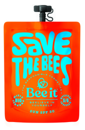 Protecting cream with SPF30 for sun protection. Orange bottle with "Bee It" text and a bee graphic.