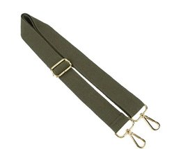 Green makeup pouch with adjustable strap and gold-tone hardware.