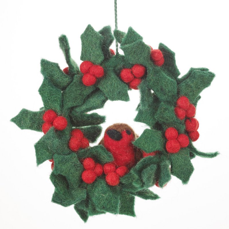 Handgemachter Filz Fair tade Holly Mini Kranz mit Robins Weihnachtsdekoration