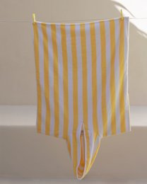 Yellow striped kids beach poncho, soft cotton towel fabric, vertical stripes, quick-dry bathrobe for children.