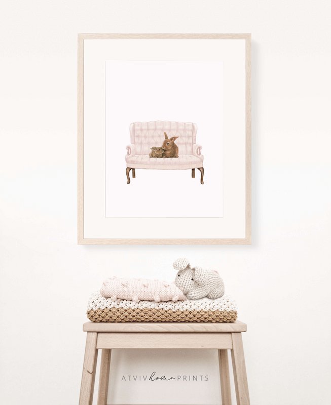Bunny nursery art print, mother and baby, bunny poster, cute bunny poster, pink girls room poster, easter poster, cute bunny print, girls nursery art print, girls room