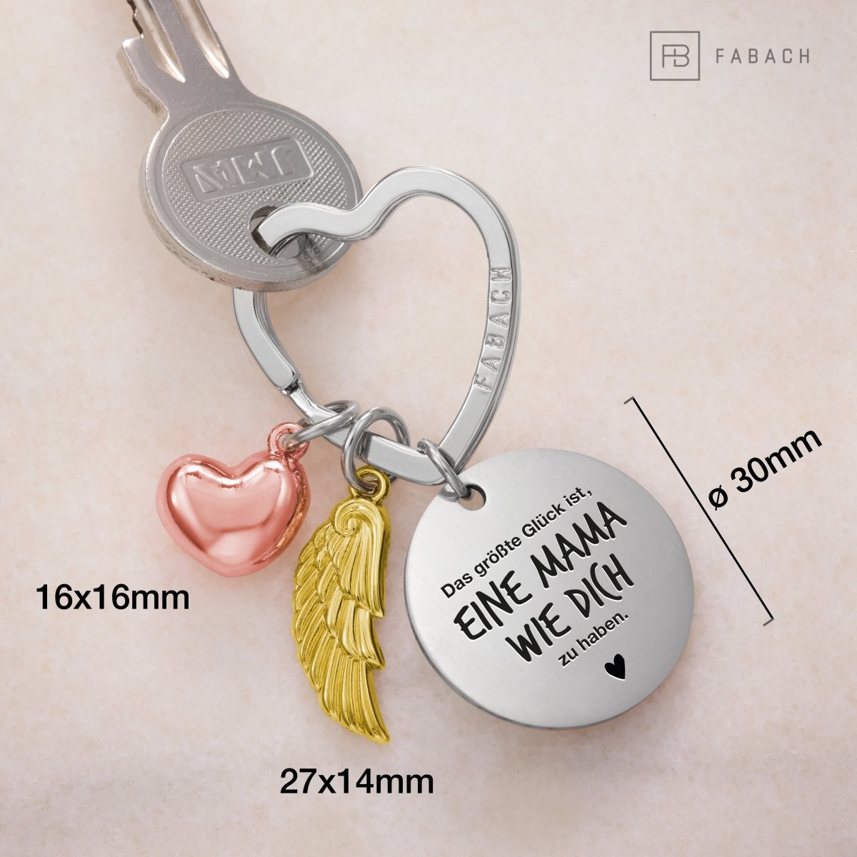 "Best Mom" ​​guardian angel keychain - angel wing heart lucky charm and engraved plate with a loving message