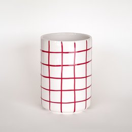 Red grid pattern cylindrical vase, white ceramic with geometric tramonto design, modern tall vessel