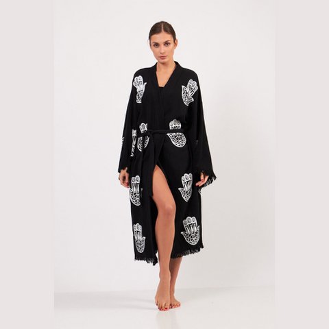 Hamsa Long Kimono Bathrobe-Black