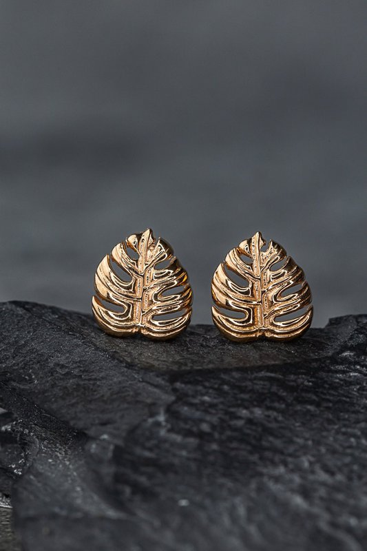 Monstera Leaf Stud Øreringe - 925 Sterling Rose Guldbelagt - Eksotiske blade smykker - OHR925-89