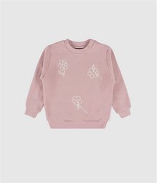 Lavender pink sweatshirt with white floral flower print design, long sleeves, kids pullover.