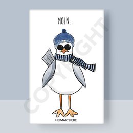 "Decorative magnet featuring a cute seagull character wearing a scarf and hat with the text 'MOIN'. The magnet is suitable for home or office decor."