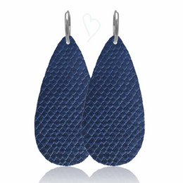 Leather earrings 'Drops of Joy', Breezing Blue. Drop earrings in blue color, available in sizes S, M, and L. Made of sterling silver and gold-plated sterling silver.