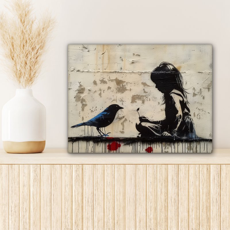 Canvas schilderij - Wanddecoratie Meisje - Street art - Vogel - Abstract - Graffiti - Modern - Muurdecoratie woonkamer - Kamer decoratie modern - Abstracte schilderijen