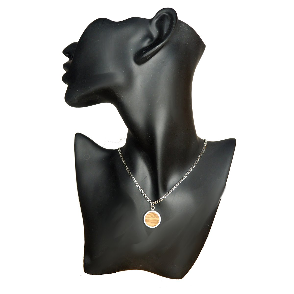 Collana con pendente rotondo in legno di mogano, catena barbazzale in argento in acciaio inossidabile, realizzata a mano