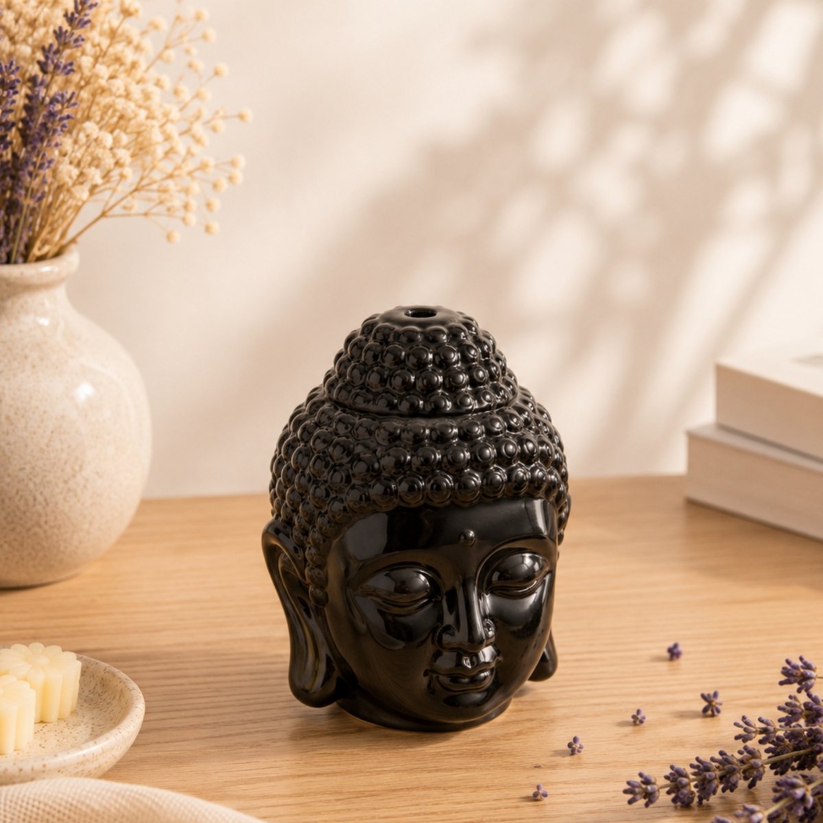 Zwarte Boeddha Dhyana keramische parfumbrander - geurende sfeer - Zen handwerkobject - eenvoudige aromatherapie - geurende fondantbrander - FengShui decoratie - Boeddha hoofd